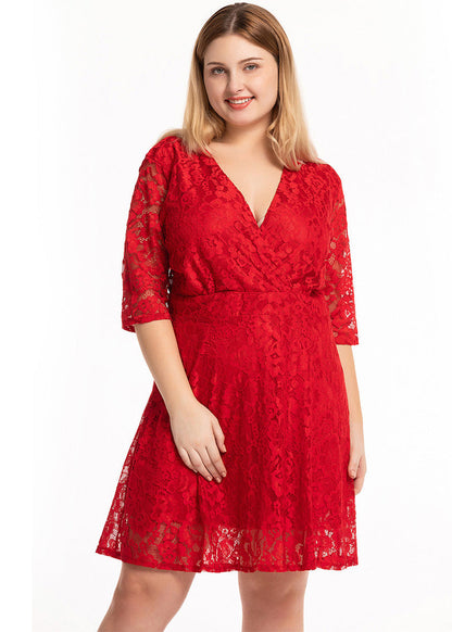 Red Patchwork Lace Mid Dresses Half Sleeve