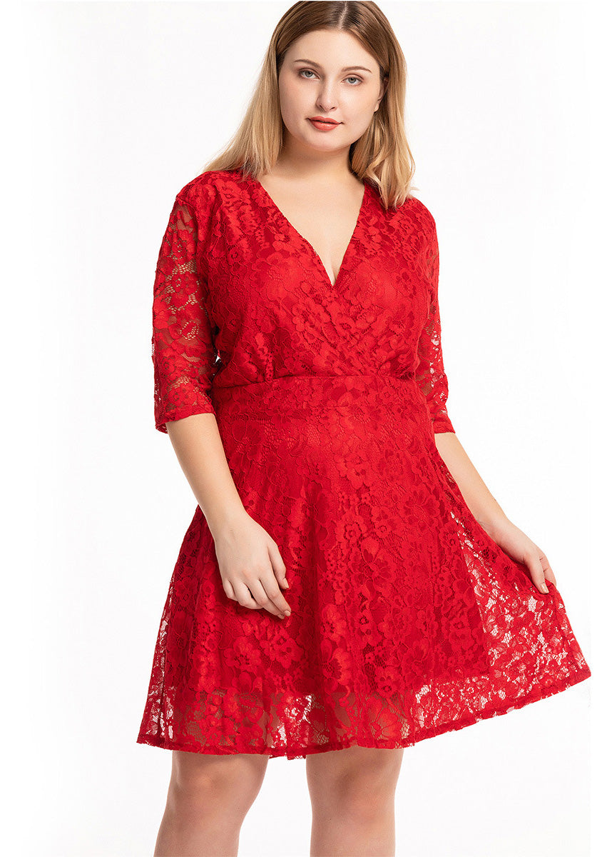 Red Patchwork Lace Mid Dresses Half Sleeve