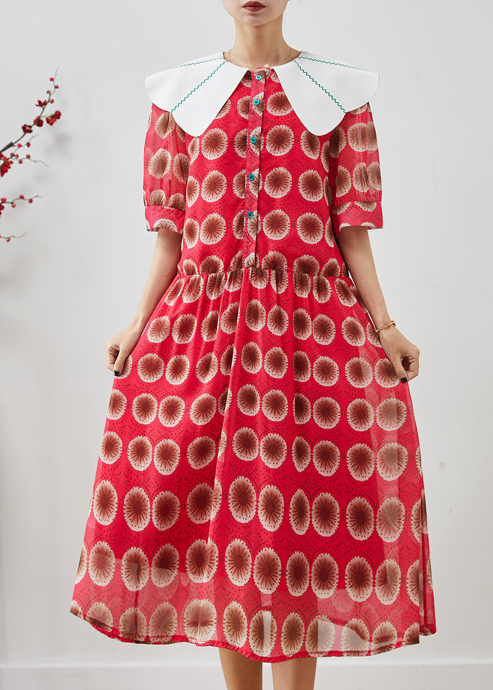 Red Peter Pan Collar Print Chiffon Long Dress Summer