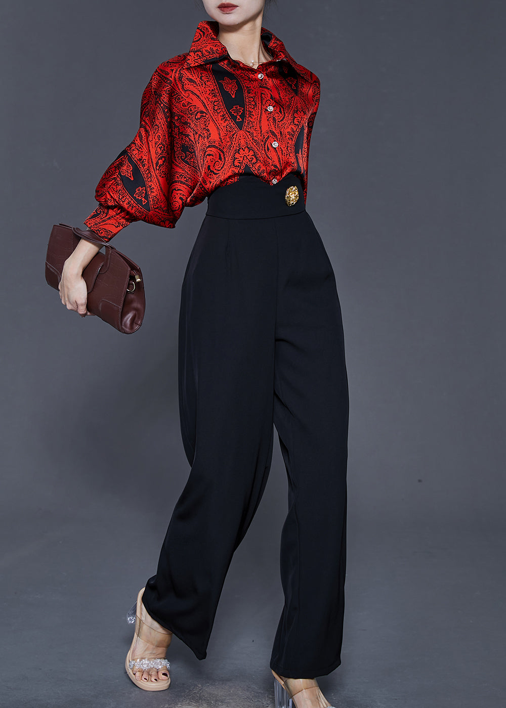 Red Peter Pan Collar Print Silk Two Pieces Set Spring