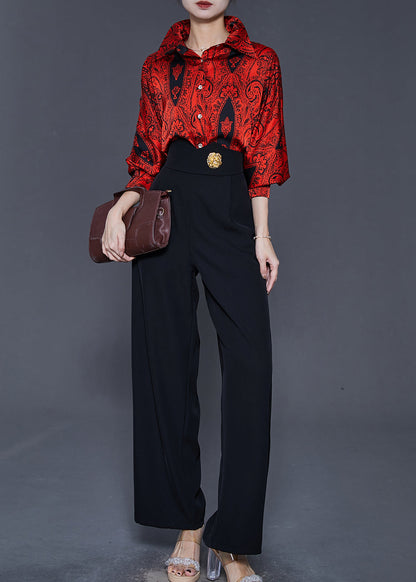 Red Peter Pan Collar Print Silk Two Pieces Set Spring