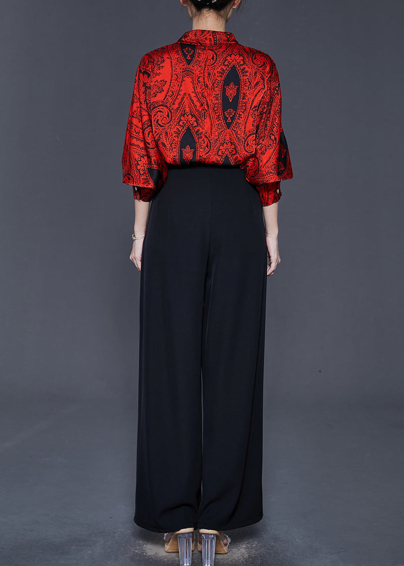 Red Peter Pan Collar Print Silk Two Pieces Set Spring