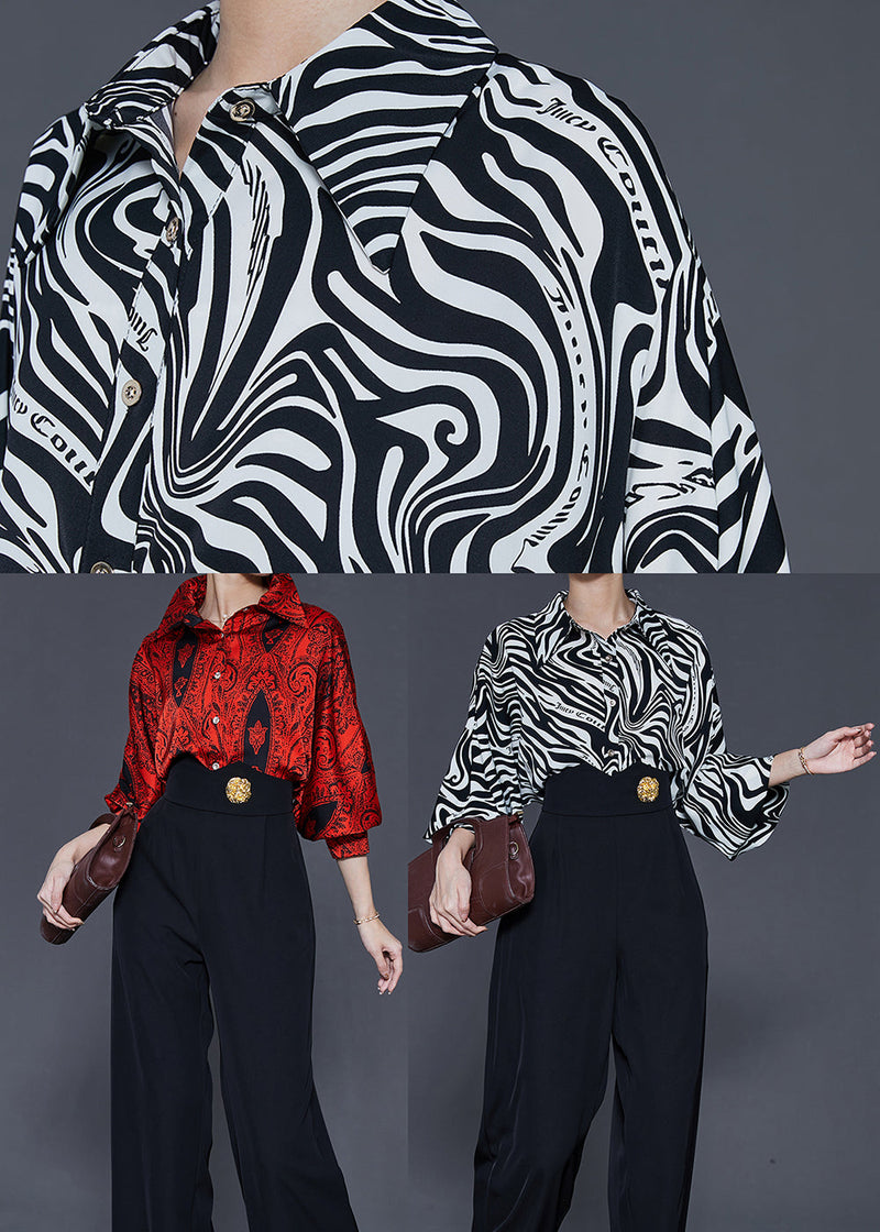 Red Peter Pan Collar Print Silk Two Pieces Set Spring