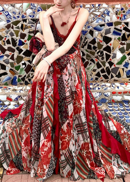 Red Print Exra Large Hem Chiffon Spaghetti Strap Dress Summer