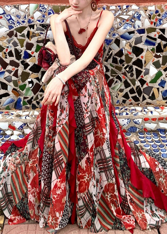 Red Print Exra Large Hem Chiffon Spaghetti Strap Dress Summer