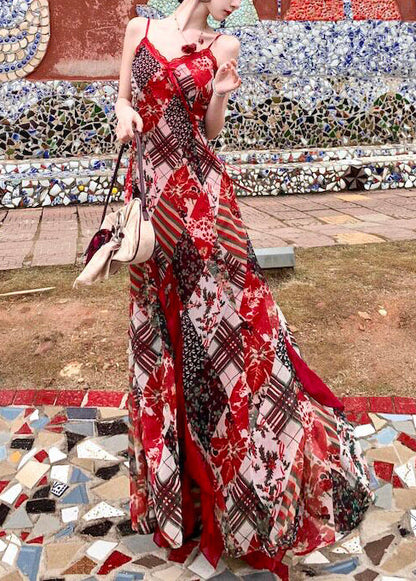 Red Print Exra Large Hem Chiffon Spaghetti Strap Dress Summer