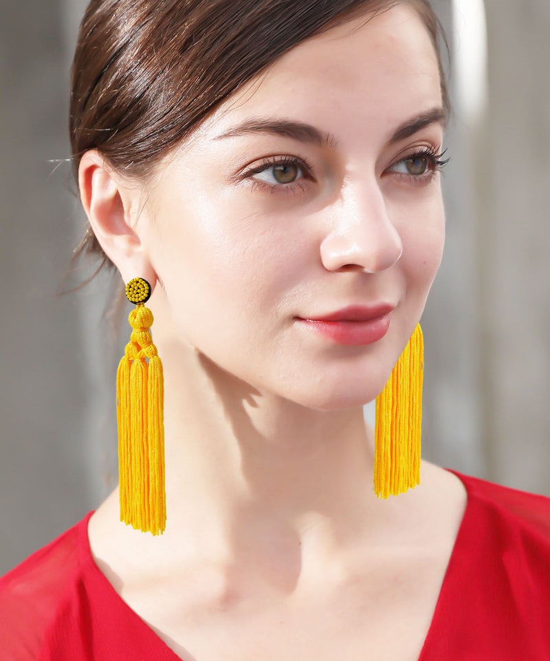 Red Rice Ball Knit Fabric Silk Cotton Tassel Drop Earrings