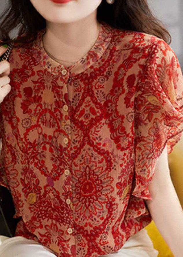 Red Ruffled Print Patchwork Silk Shirt Tops Summer