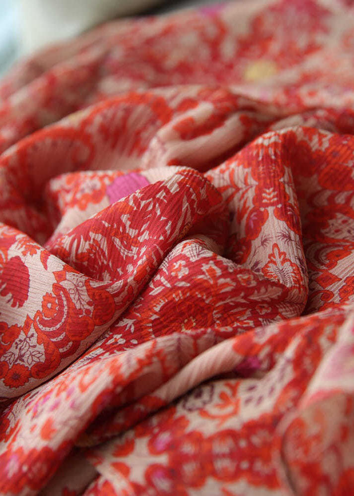 Red Ruffled Print Patchwork Silk Shirt Tops Summer