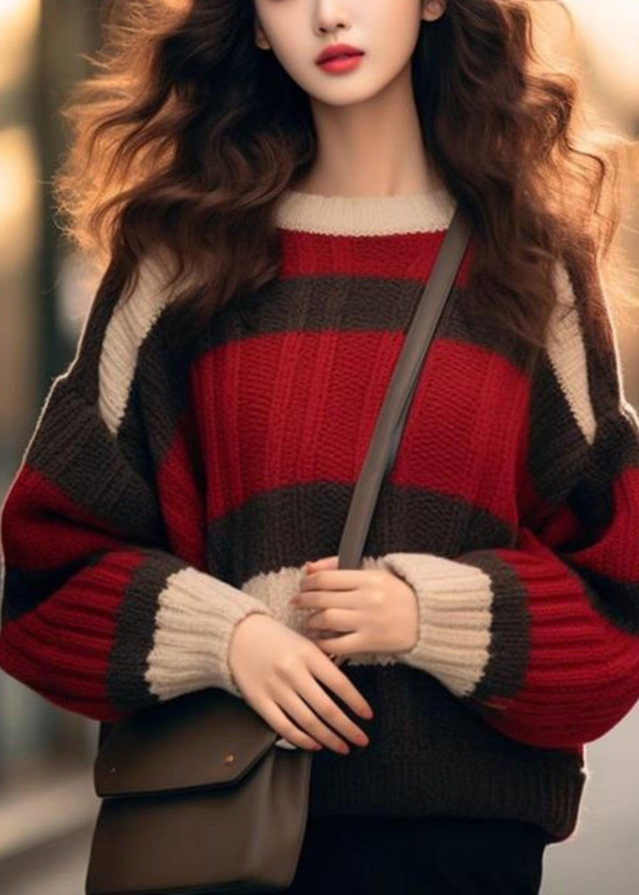Red Striped Cozy Patchwork Knit Sweater Spring