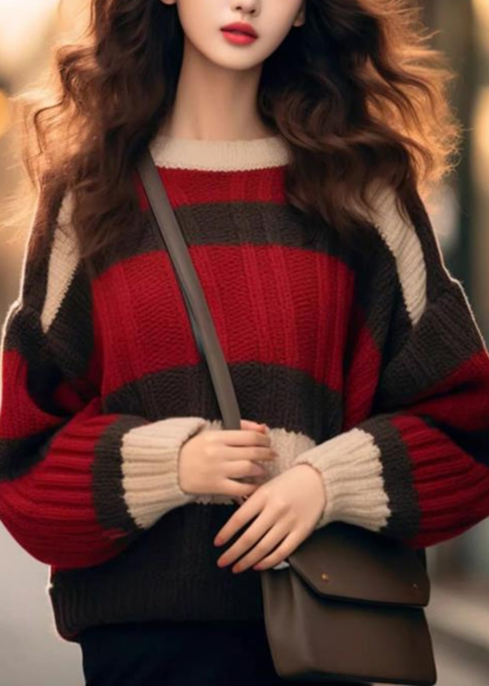 Red Striped Cozy Patchwork Knit Sweater Spring