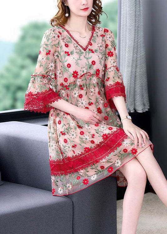 Red V Neck Embroideried Lace Patchwork Tulle Maxi Dresses Summer