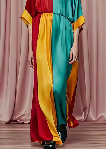 Red V Neck Patchwork Silk Maxi Dresses Half Sleeve