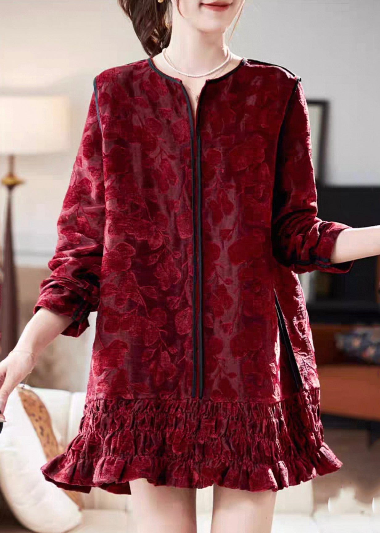 Red V Neck Ruffled Silk Velvet Vacation Mid Dresses Long Sleeve