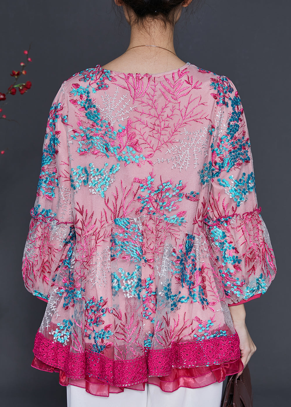 Rose Embroidered Patchwork Tulle Shirt Spring