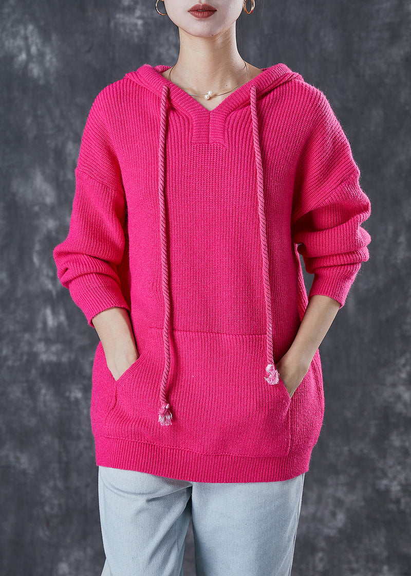 Rose Hooded Drawstring Knit Sweatshirts Top Spring