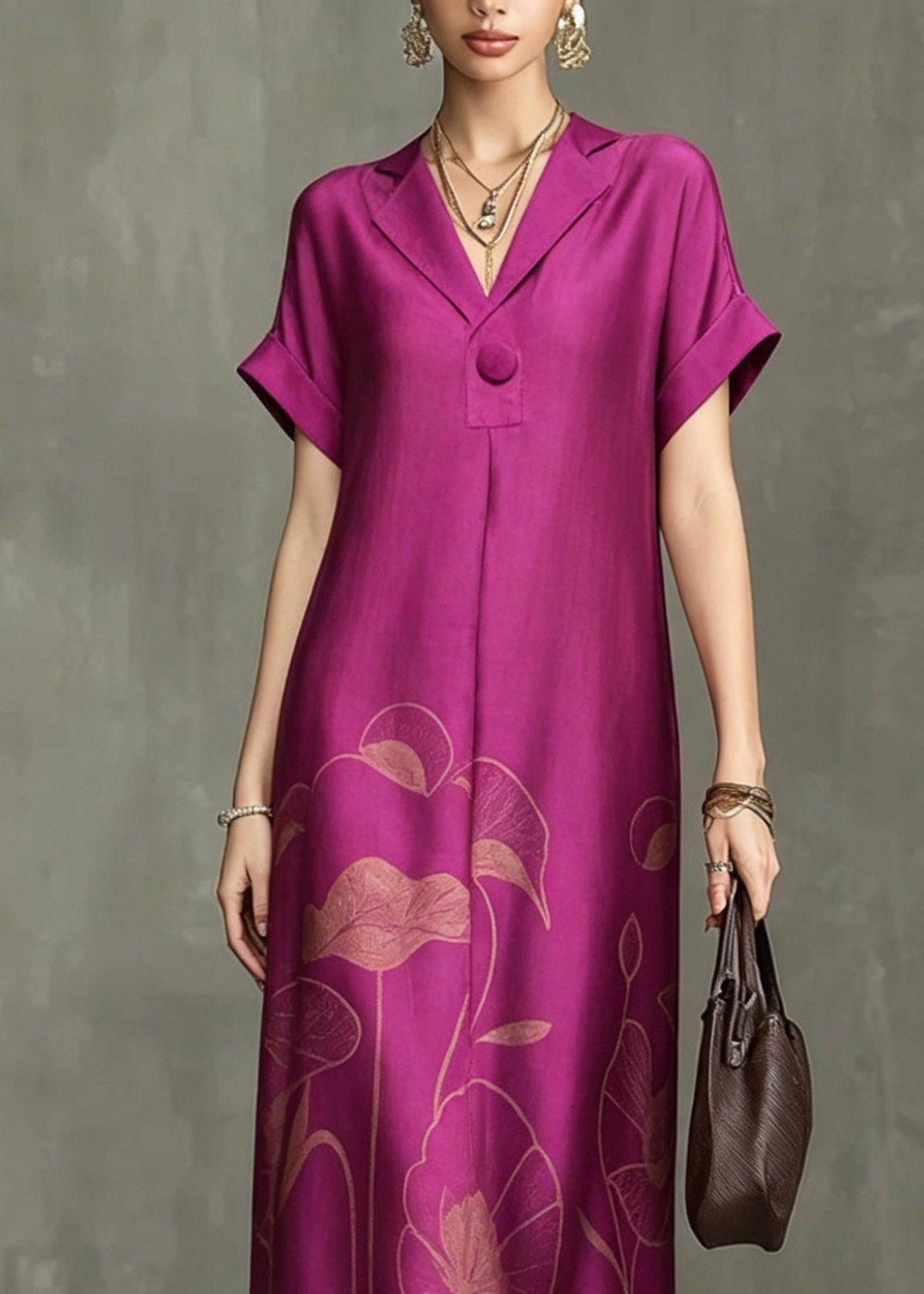 Rose Notched Print Maxi Dresses Summer
