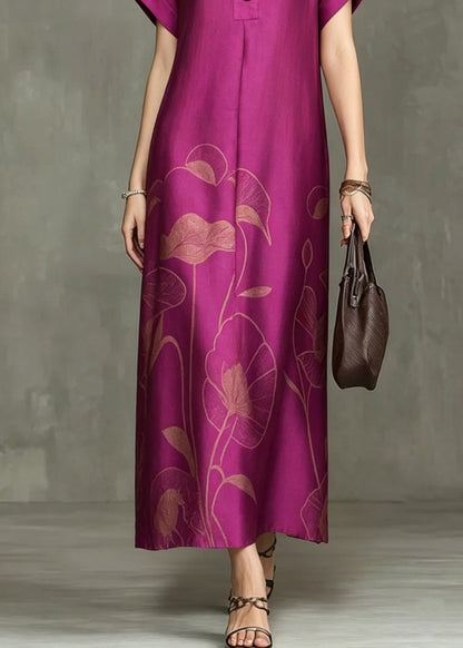 Rose Notched Print Maxi Dresses Summer
