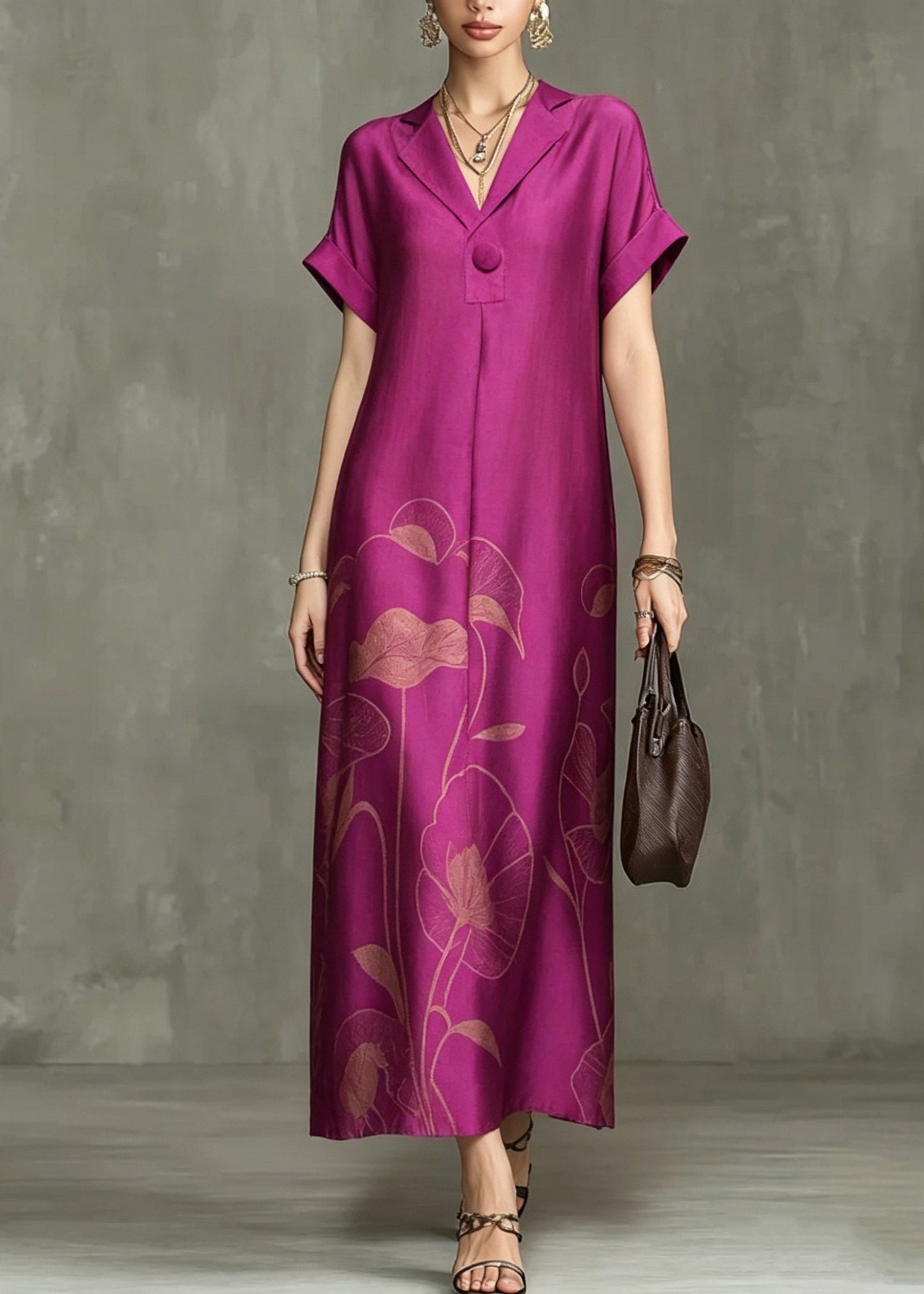 Rose Notched Print Maxi Dresses Summer