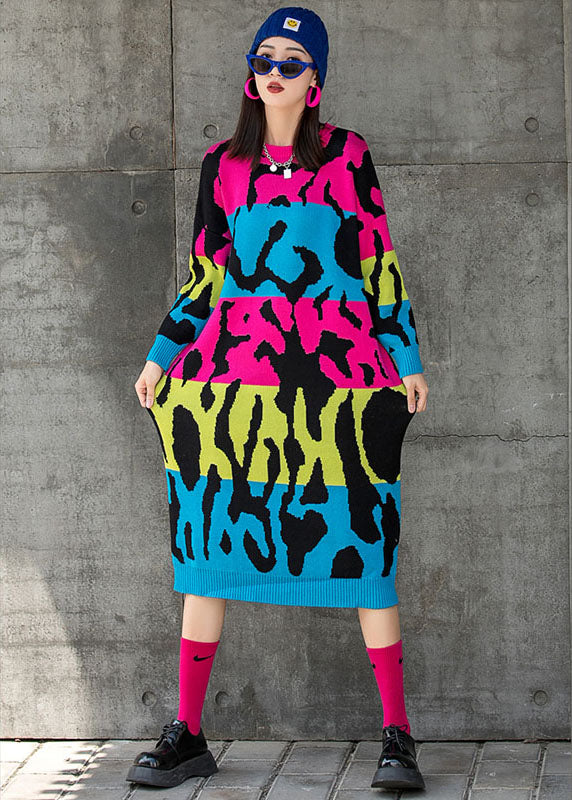 Rose O-neck Loose Knit Fall Straight Maxi Dress Long Sleeve