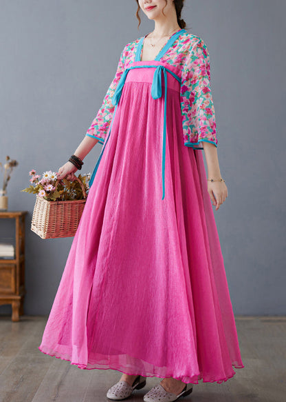 Rose Print Lace Up Patchwork Chiffon Exra Large Hem Dress Summer