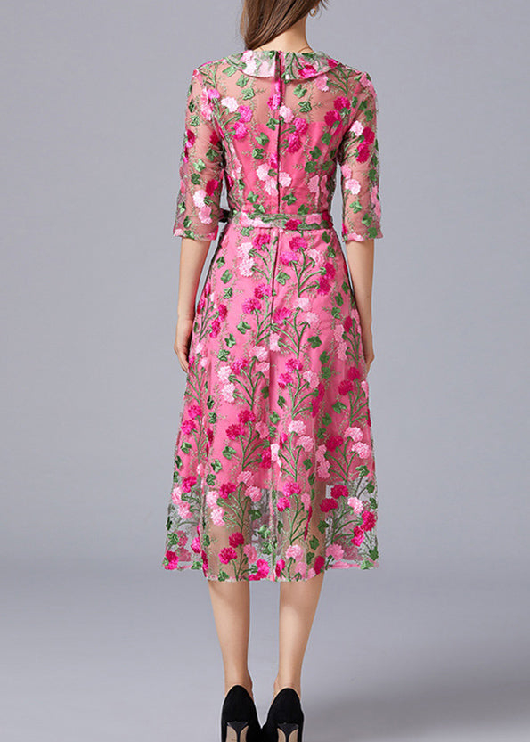 Rose V Neck Embroidered Tie Waist Tulle Mid Dresses Summer