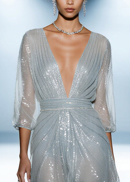 Sky Blue Sequins Tulle Dinner Dress Summer