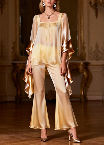 Square Collar Patchwork Silk Two Pieces Set Summer