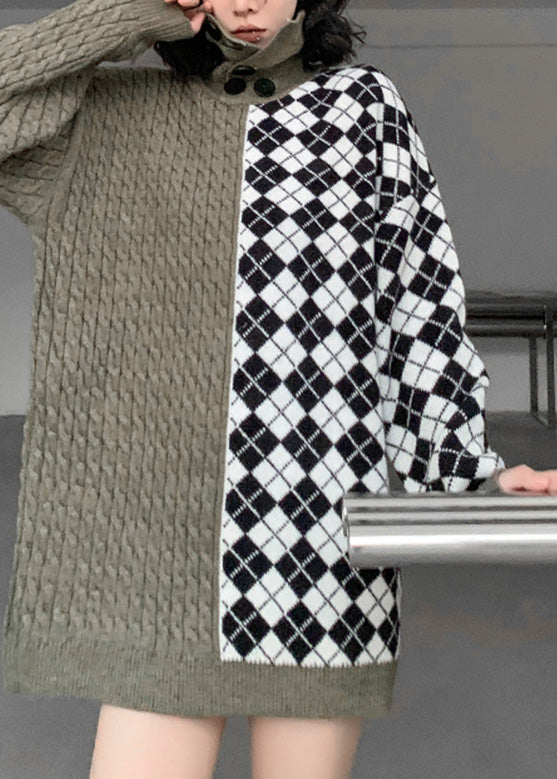 Turtleneck Patchwork Button Thick Knit Sweater Winter