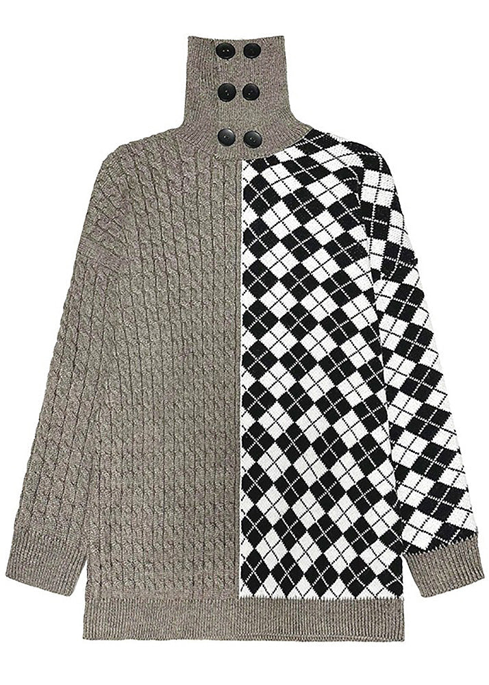 Turtleneck Patchwork Button Thick Knit Sweater Winter