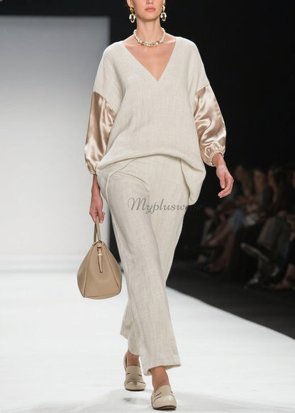 V Neck Patchwork Linen Silk Two Pieces Set Spring