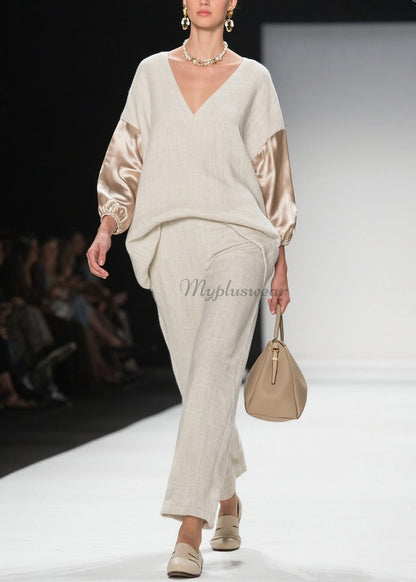 V Neck Patchwork Linen Silk Two Pieces Set Spring