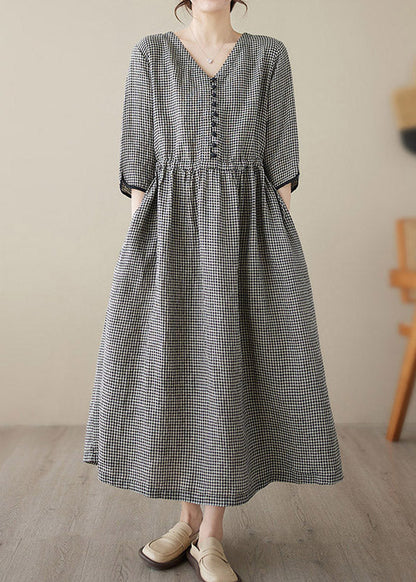 Wine Red V Neck Plaid Patchwork Button Linen Maxi Dresses Summer