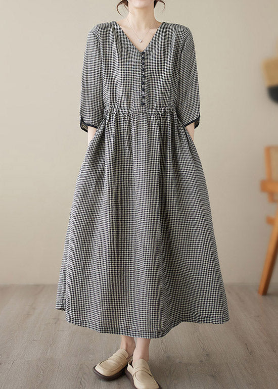 Purple V Neck Plaid Patchwork Button Linen Maxi Dresses Summer