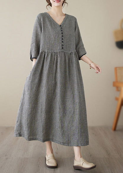 Purple V Neck Plaid Patchwork Button Linen Maxi Dresses Summer