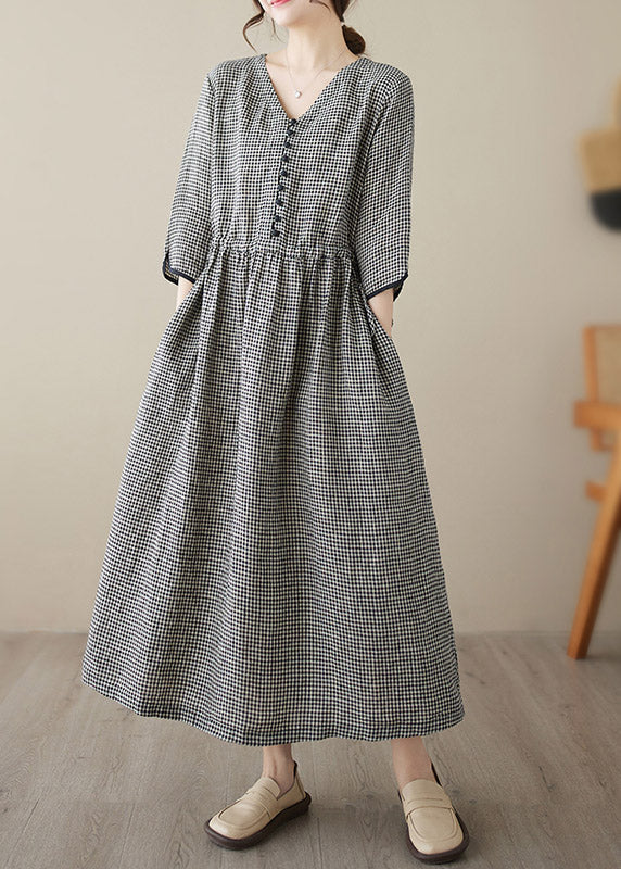 Wine Red V Neck Plaid Patchwork Button Linen Maxi Dresses Summer
