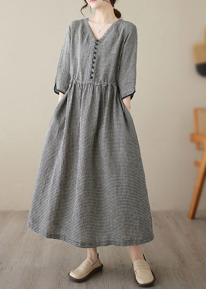 Purple V Neck Plaid Patchwork Button Linen Maxi Dresses Summer