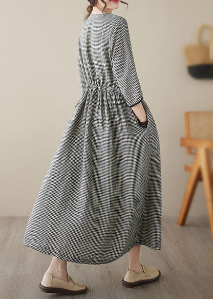 Green V Neck Plaid Patchwork Button Linen Maxi Dresses Summer
