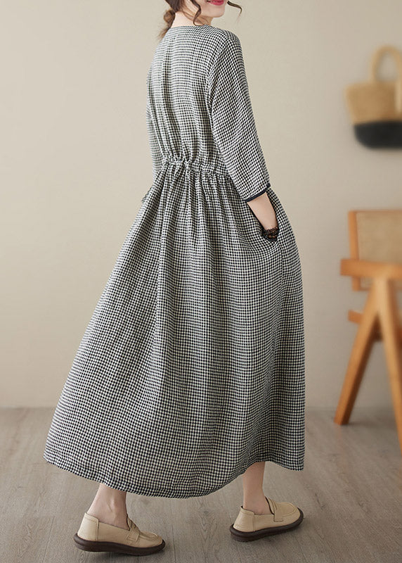 Purple V Neck Plaid Patchwork Button Linen Maxi Dresses Summer