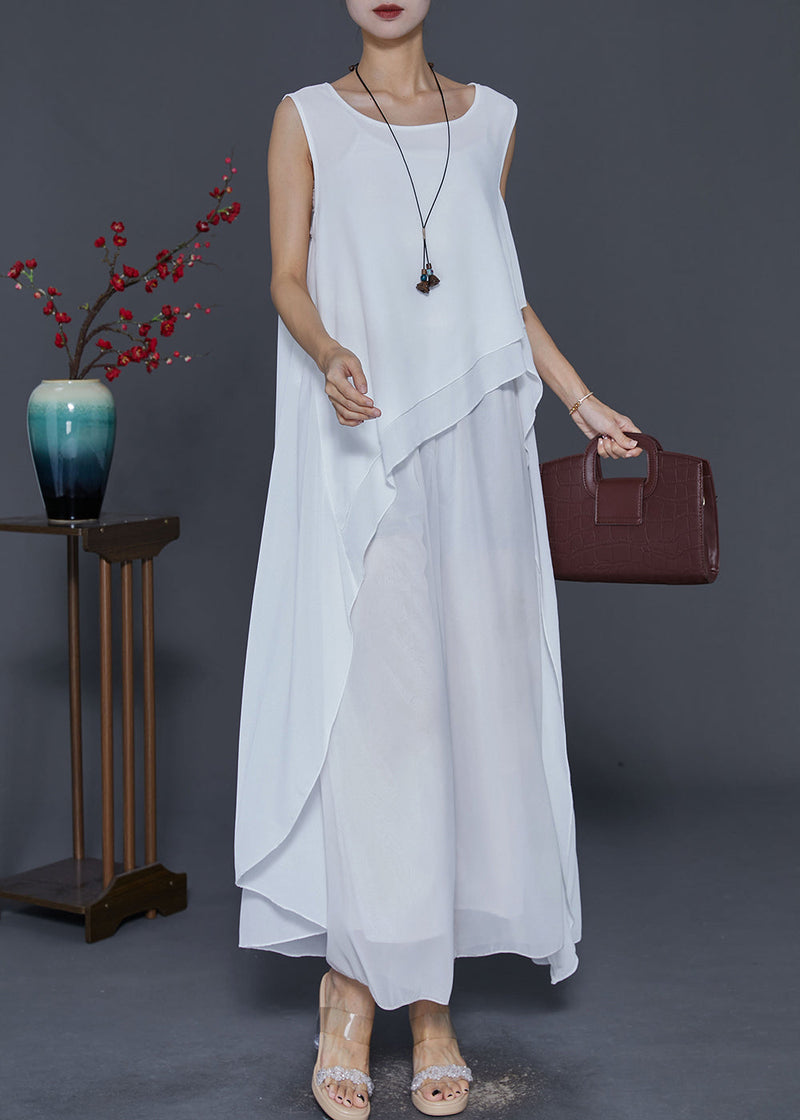 White Asymmetrical Design Draping Chiffon Dresses Summer
