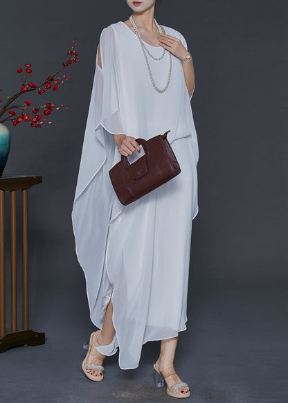 White Cold Shoulder Asymmetrical Design Chiffon Vacation Dresses Summer
