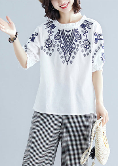 White Embroideried Cotton T Shirt Summer