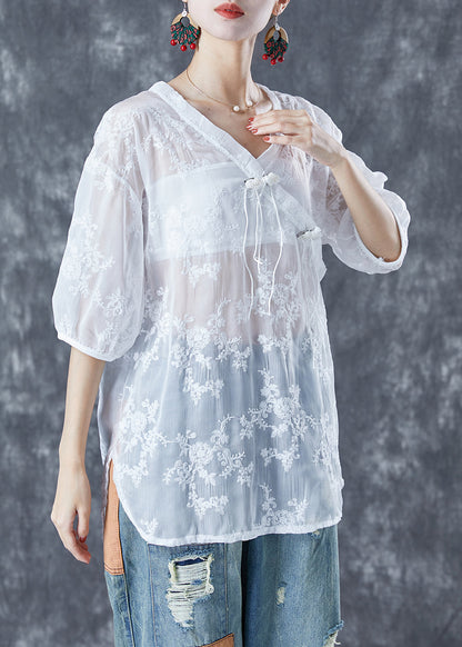 White Embroideried Tassel Tulle Shirt Tops Summer