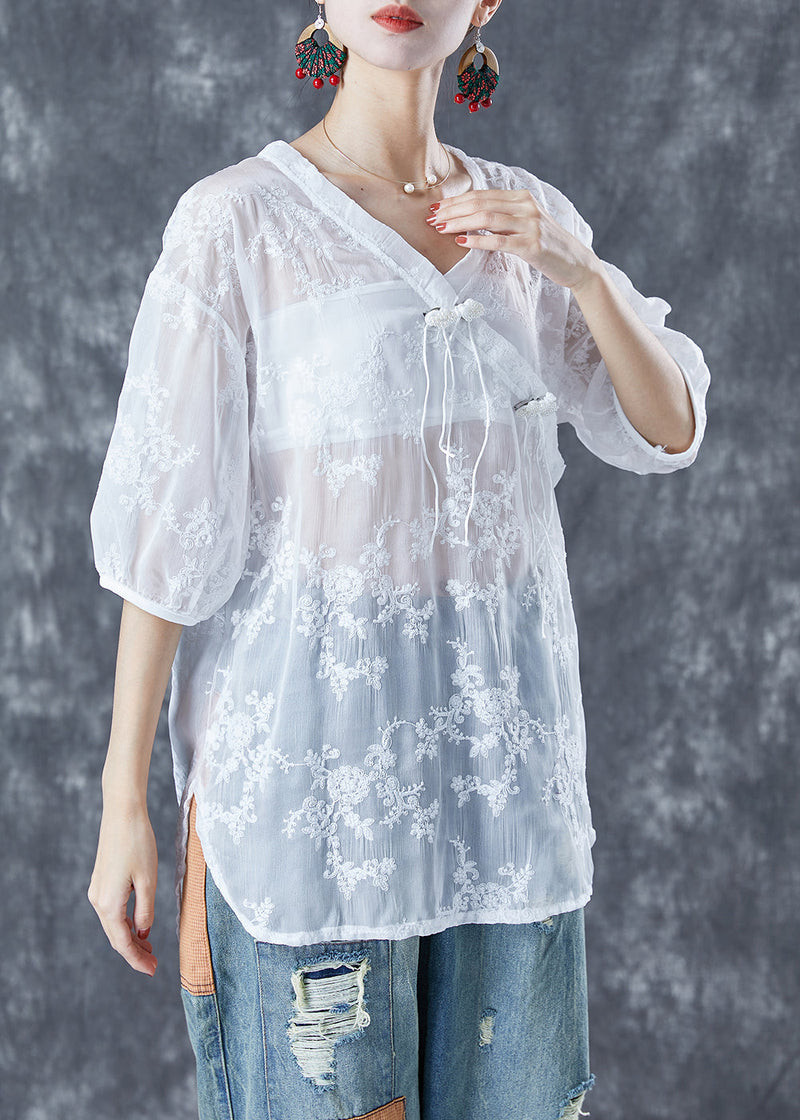 White Embroideried Tassel Tulle Shirt Tops Summer