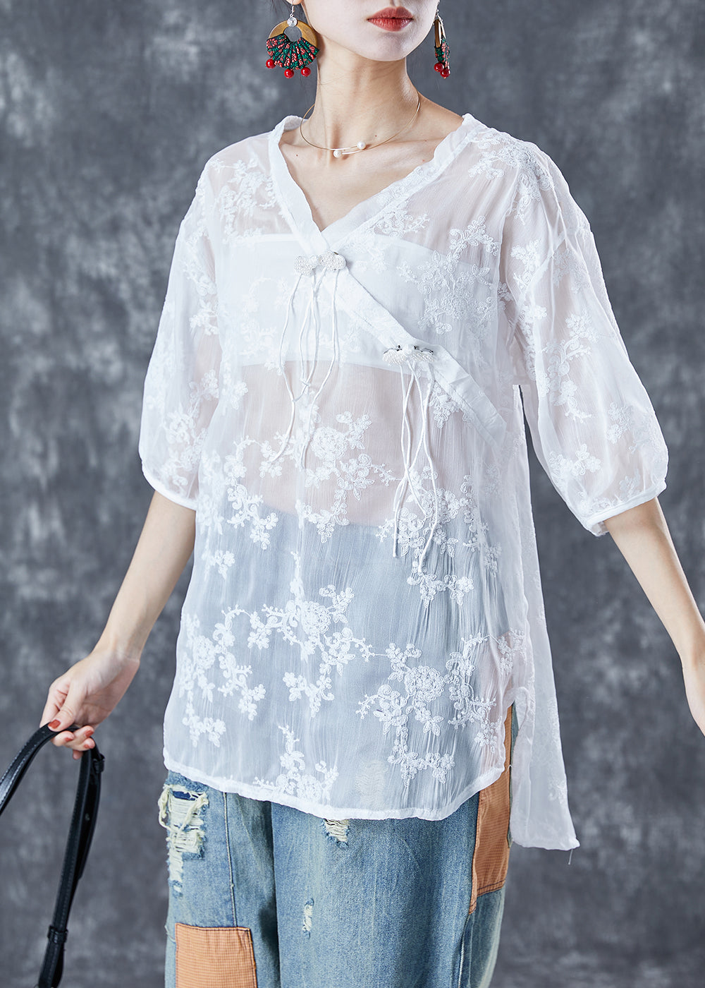 White Embroideried Tassel Tulle Shirt Tops Summer
