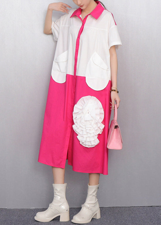 White Pocket Cascading Ruffle Rose Shirt Dress Summer