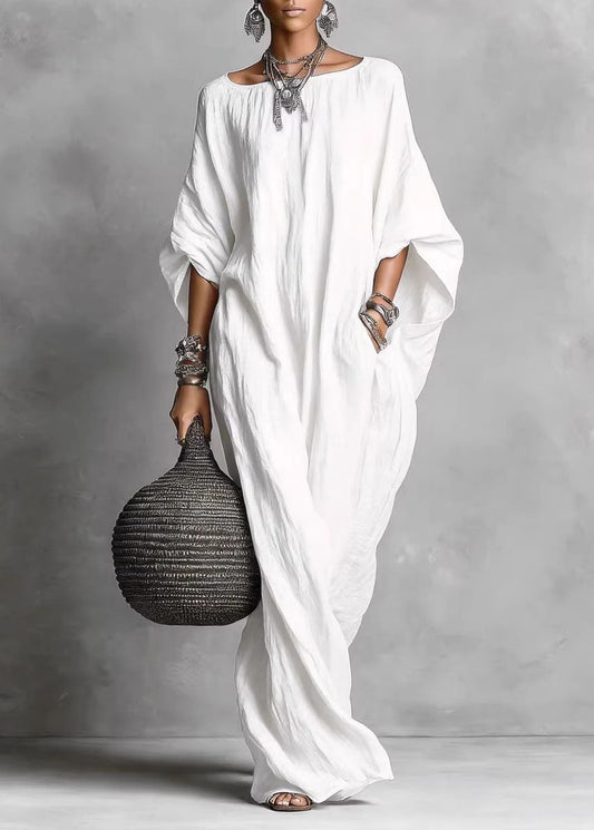 White Slash Neck Pockets Cotton Long Dress Summer