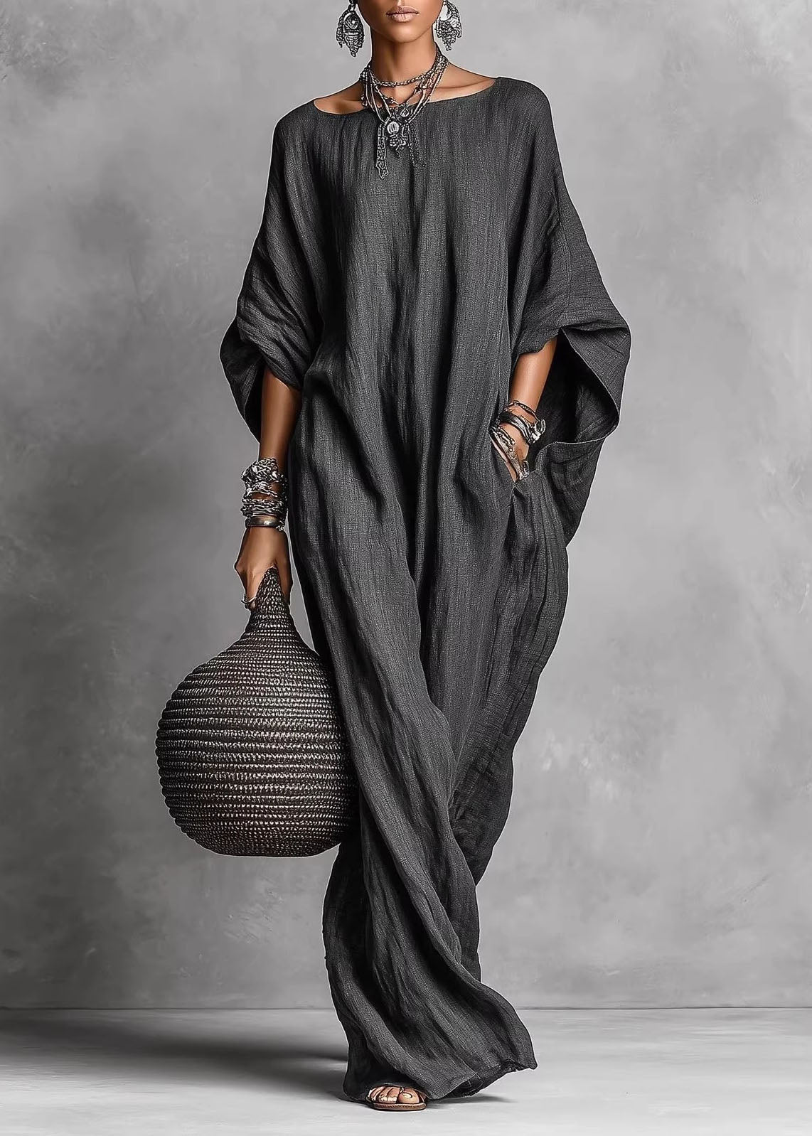 White Slash Neck Pockets Cotton Long Dress Summer