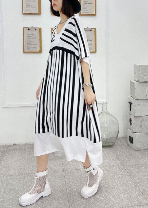 White Striped Cotton Dress V Neck Summer Long Dresses