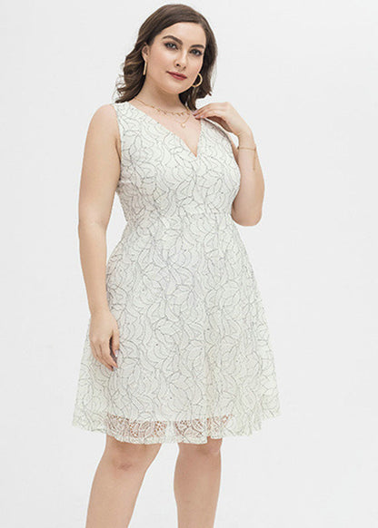 White V Neck Print Lace Mid Dress Summer